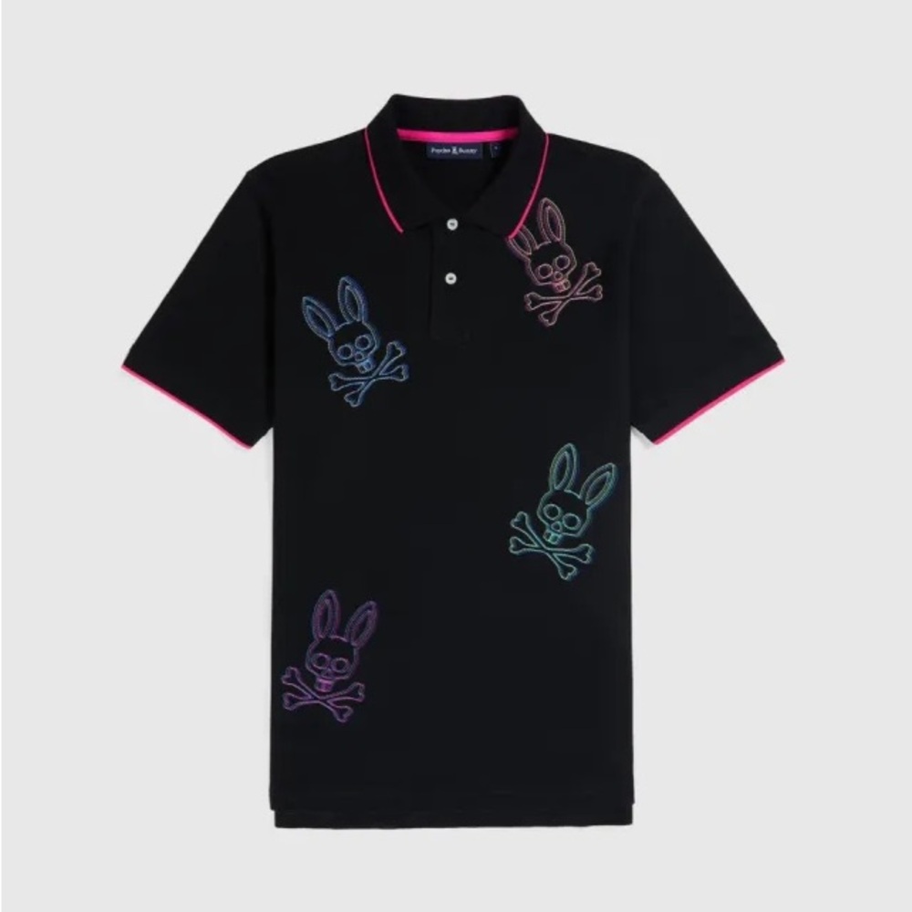 Psycho Bunny Black Polo with Neon Trim & Multicolor Bunny Embroidery Size M